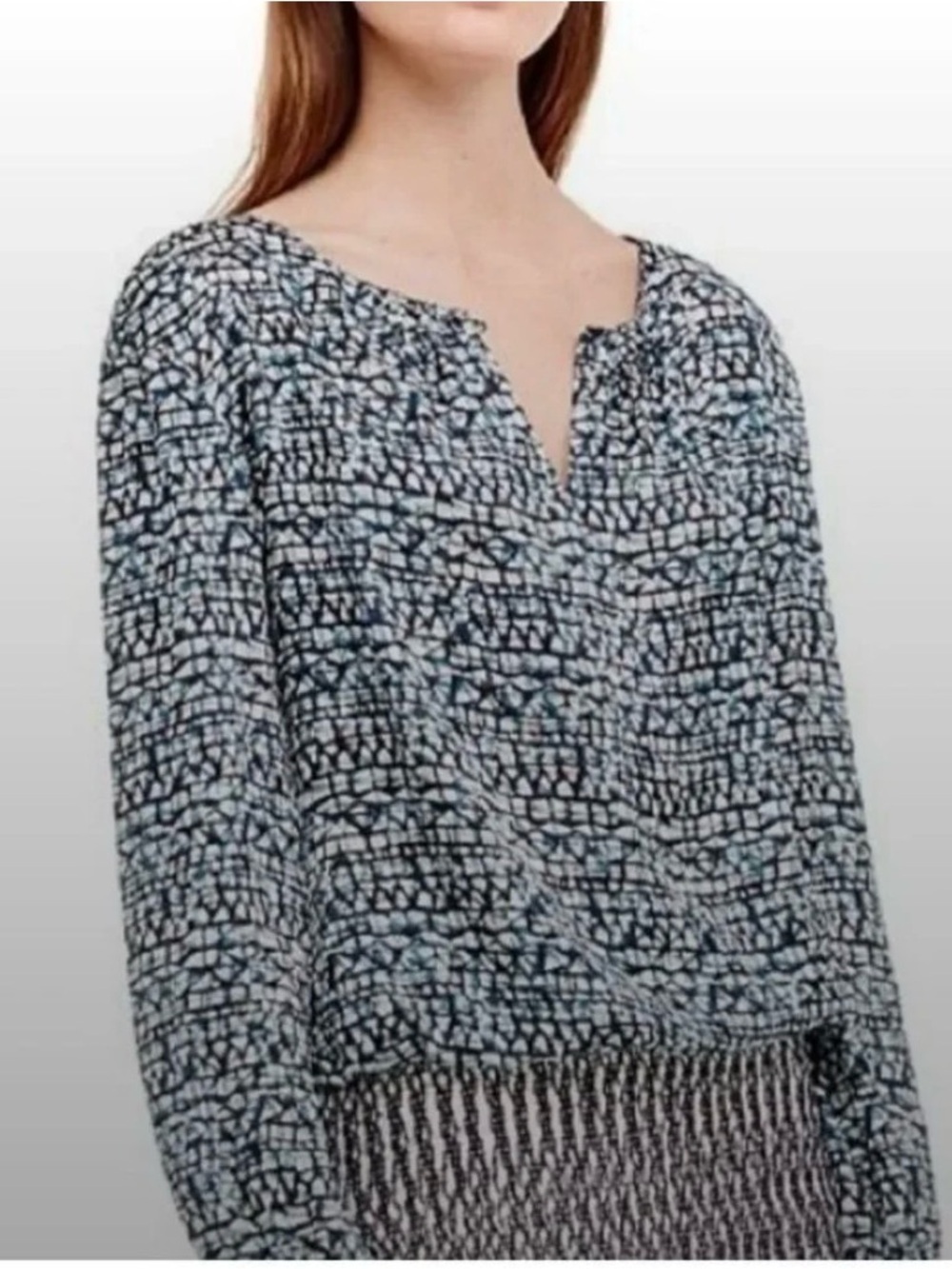 Tory Burch Silk Printed Honeycomb Blouse Top Sz 6 long sleeves geometric